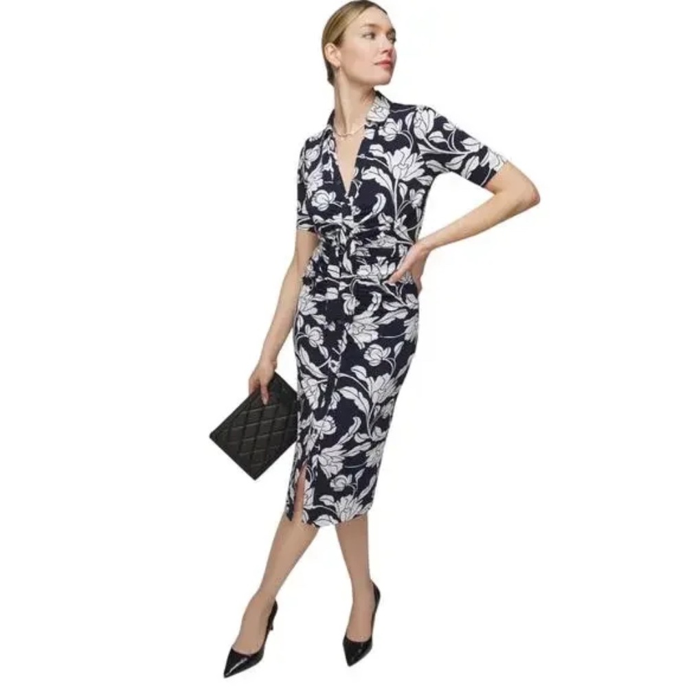 WHBM Short Sleeve Matte Jersey Ruched Tie-Front Midi Dress in Blue Floral